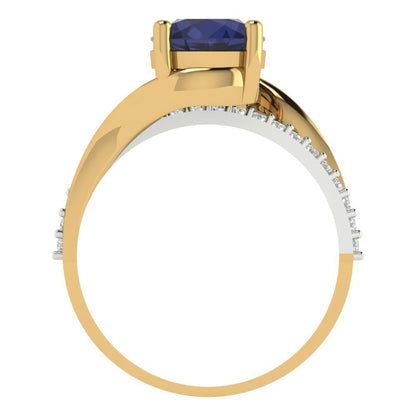 1.71 cttw Simulated Blue Sapphire Solitaire with Zirconia Simulated Diamond Accents Engagement Ring - Solid White/Yellow Gold (VVS1, Round Cut,7.5mm)