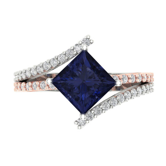 2.3075 cttw Simulated Blue Sapphire Solitaire with Zirconia Simulated Diamond Accents Engagement Ring - Solid White/Rose Gold (VVS1, Princess Cut,7.0mm)