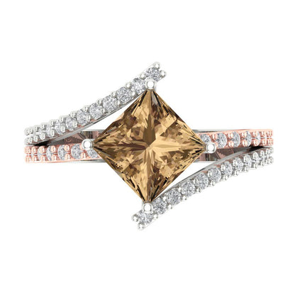 2.3075 cttw Zirconia Simulated Champagne Diamond Solitaire with Zirconia Simulated Diamond Accents Engagement Ring - Solid White/Rose Gold (VVS1, Princess Cut,7.0mm)