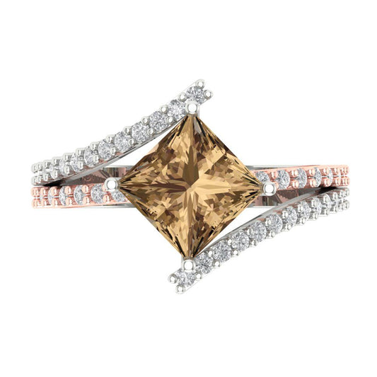 2.3075 cttw Zirconia Simulated Champagne Diamond Solitaire with Zirconia Simulated Diamond Accents Engagement Ring - Solid White/Rose Gold (VVS1, Princess Cut,7.0mm)