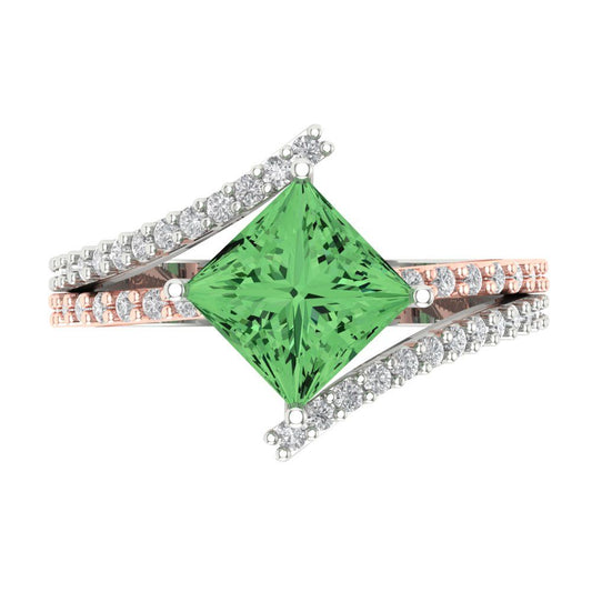 2.3075 cttw Zirconia Simulated Green Diamond Solitaire with Zirconia Simulated Diamond Accents Engagement Ring - Solid White/Rose Gold (VVS1, Princess Cut,7.0mm)