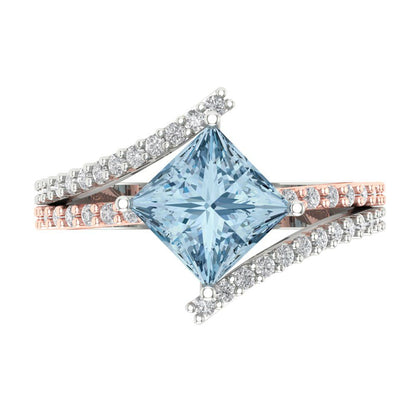 2.3075 cttw Natural Aquamarine Solitaire with Zirconia Simulated Diamond Accents Engagement Ring - Solid White/Rose Gold (VVS1, Princess Cut,7.0mm)
