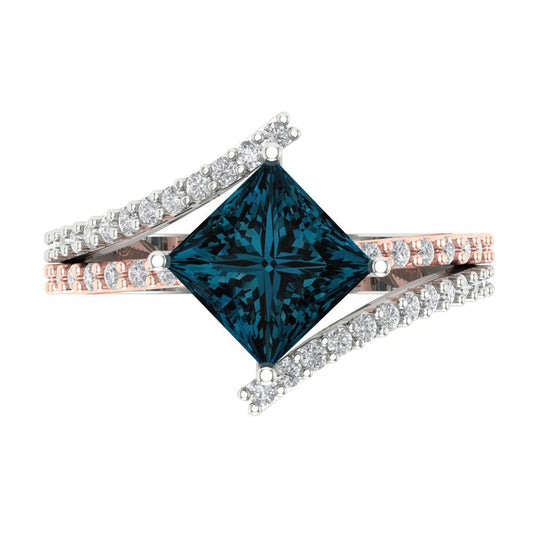 2.3075 cttw Natural London Blue Topaz Solitaire with Zirconia Simulated Diamond Accents Engagement Ring - Solid White/Rose Gold (VVS1, Princess Cut,7.0mm)