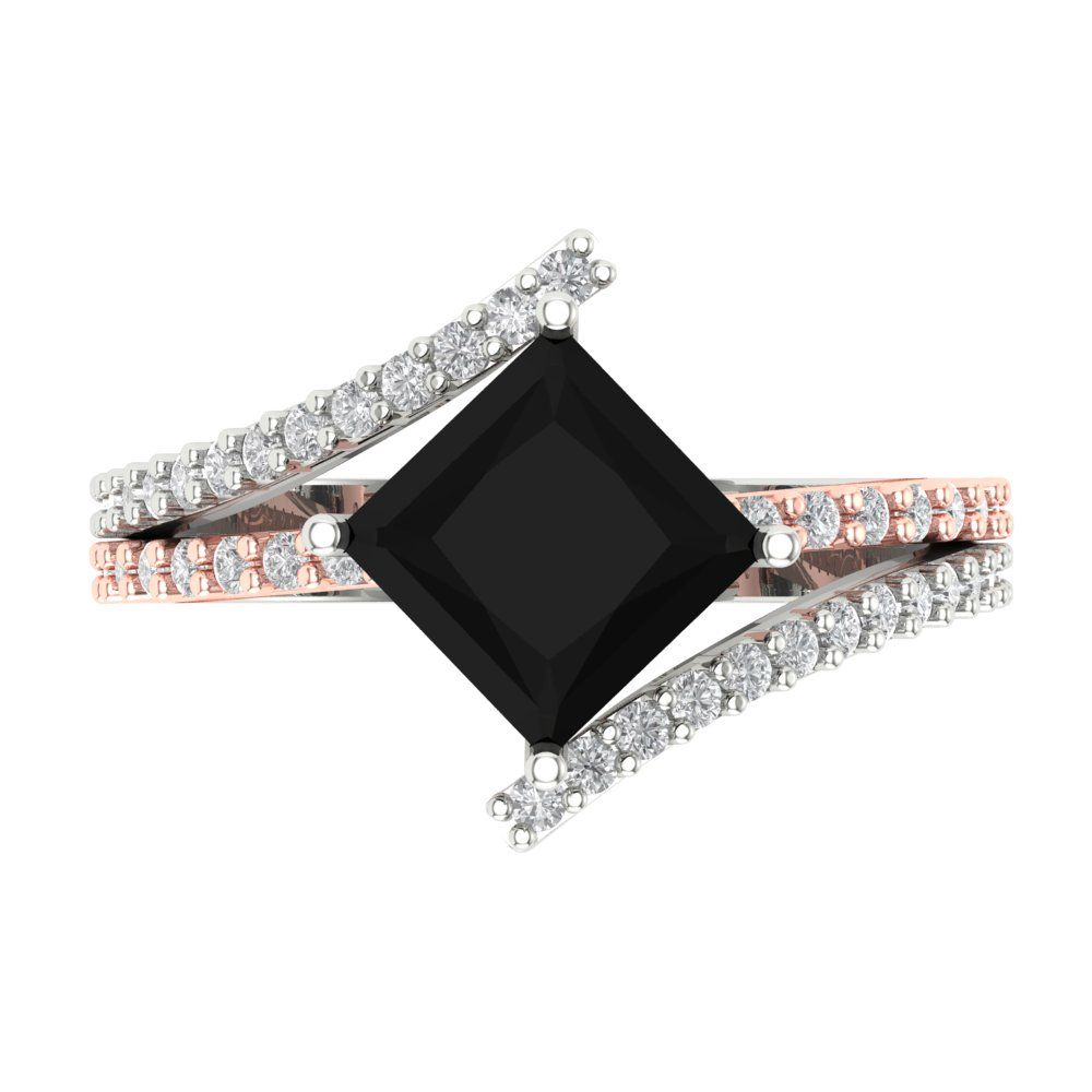 2.3075 cttw Natural Onyx Solitaire with Zirconia Simulated Diamond Accents Engagement Ring - Solid White/Rose Gold (VVS1, Princess Cut,7.0mm)