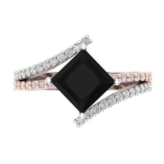 2.3075 cttw Natural Onyx Solitaire with Zirconia Simulated Diamond Accents Engagement Ring - Solid White/Rose Gold (VVS1, Princess Cut,7.0mm)