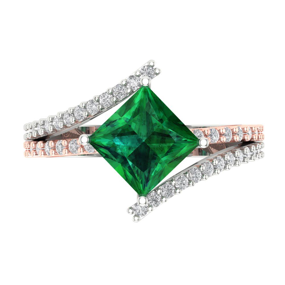 2.3075 cttw Simulated Emerald Solitaire with Zirconia Simulated Diamond Accents Engagement Ring - Solid White/Rose Gold (VVS1, Princess Cut,7.0mm)
