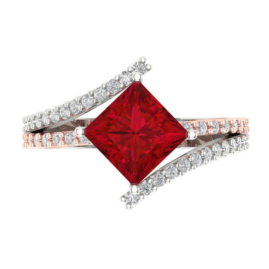 2.3075 cttw Simulated Ruby Solitaire with Zirconia Simulated Diamond Accents Engagement Ring - Solid White/Rose Gold (VVS1, Princess Cut,7.0mm)