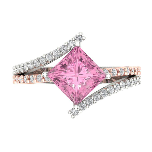 2.3075 cttw Zirconia Simulated Pink Diamond Solitaire with Zirconia Simulated Diamond Accents Engagement Ring - Solid White/Rose Gold (VVS1, Princess Cut,7.0mm)