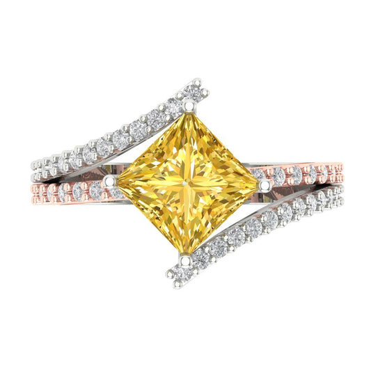 2.3075 cttw Zirconia Simulated Yellow Diamond Solitaire with Zirconia Simulated Diamond Accents Engagement Ring - Solid White/Rose Gold (VVS1, Princess Cut,7.0mm)