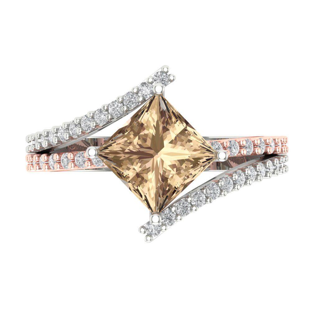 2.3075 cttw Yellow Moissanite Solitaire with Zirconia Simulated Diamond Accents Engagement Ring - Solid White/Rose Gold (VVS1, Princess Cut,7.0mm)
