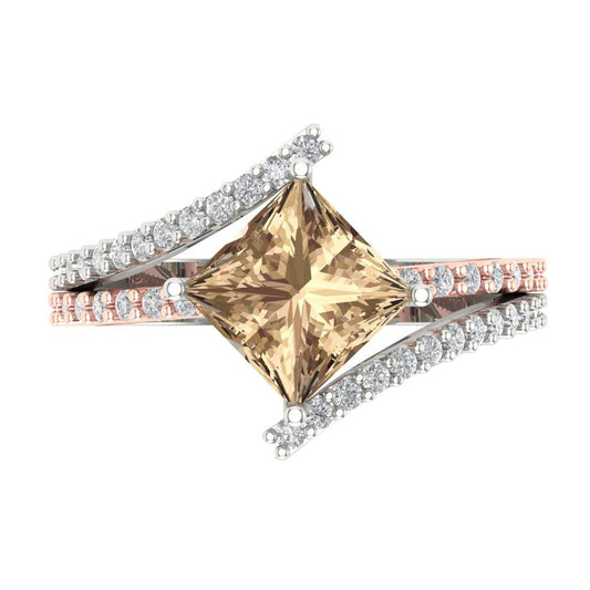 2.3075 cttw Yellow Moissanite Solitaire with Zirconia Simulated Diamond Accents Engagement Ring - Solid White/Rose Gold (VVS1, Princess Cut,7.0mm)
