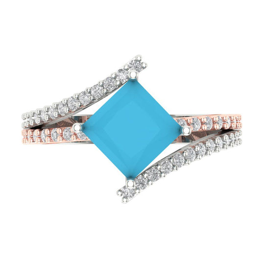 2.3075 cttw Simulated Turquoise Solitaire with Zirconia Simulated Diamond Accents Engagement Ring - Solid White/Rose Gold (VVS1, Princess Cut,7.0mm)