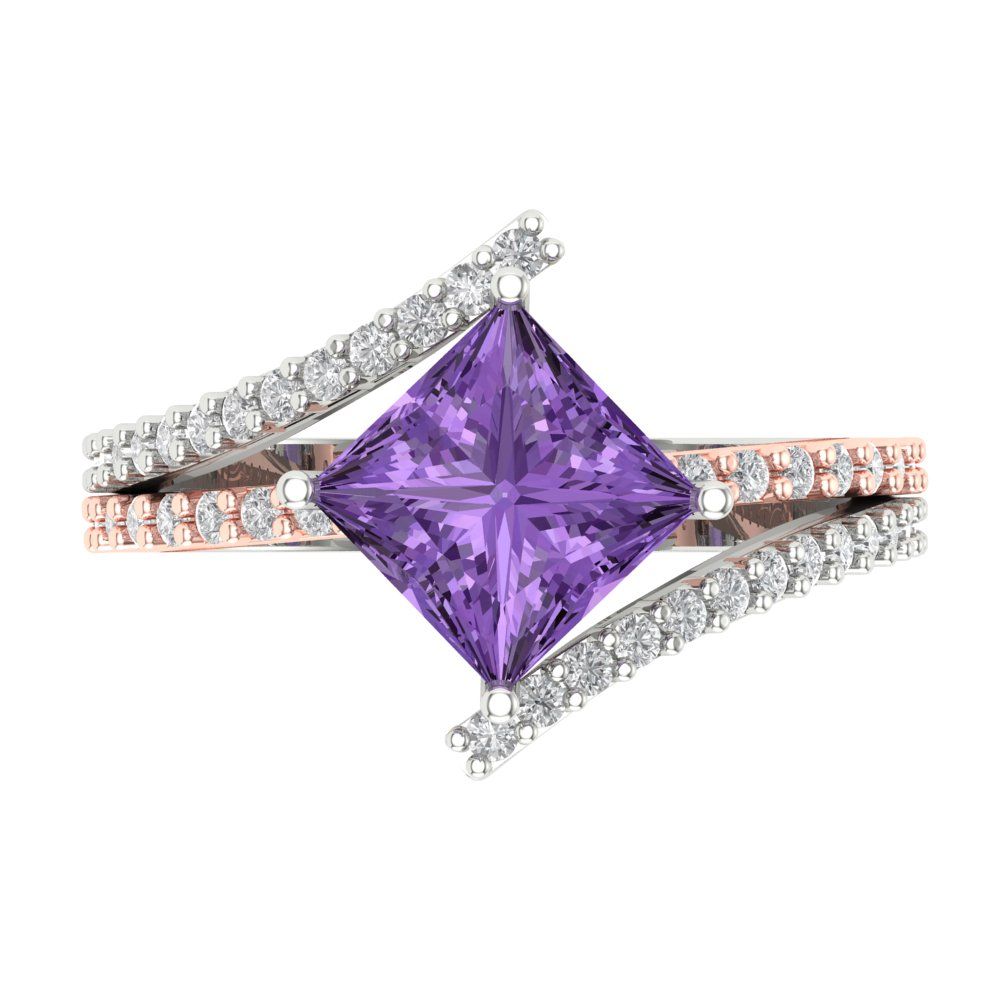 2.3075 cttw Simulated Alexandrite Solitaire with Zirconia Simulated Diamond Accents Engagement Ring - Solid White/Rose Gold (VVS1, Princess Cut,7.0mm)