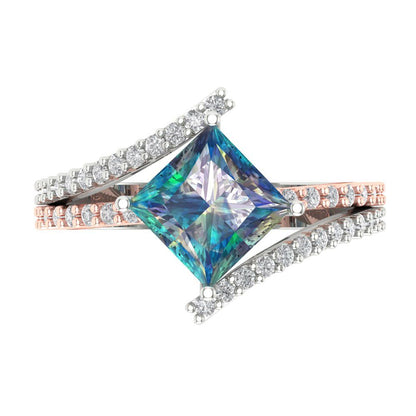 2.3075 cttw Blue Moissanite Solitaire with Zirconia Simulated Diamond Accents Engagement Ring - Solid White/Rose Gold (VVS1, Princess Cut,7.0mm)