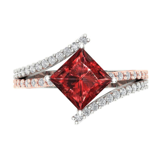 2.3075 cttw Natural Garnet Solitaire with Zirconia Simulated Diamond Accents Engagement Ring - Solid White/Rose Gold (VVS1, Princess Cut,7.0mm)