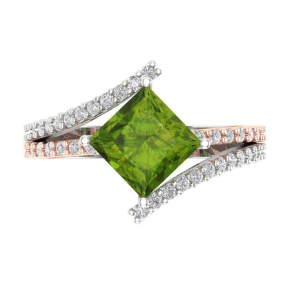 2.3075 cttw Natural Peridot Solitaire with Zirconia Simulated Diamond Accents Engagement Ring - Solid White/Rose Gold (VVS1, Princess Cut,7.0mm)