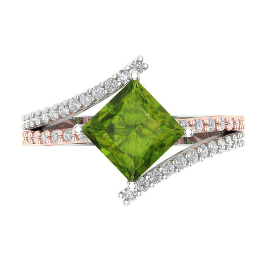 2.3075 cttw Natural Peridot Solitaire with Zirconia Simulated Diamond Accents Engagement Ring - Solid White/Rose Gold (VVS1, Princess Cut,7.0mm)