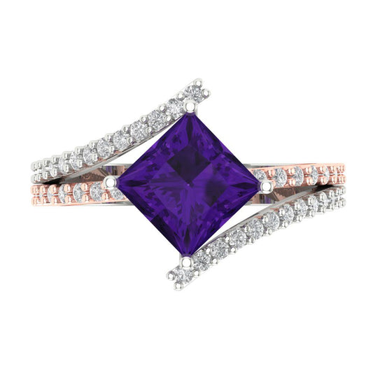 2.3075 cttw Natural Amethyst Solitaire with Zirconia Simulated Diamond Accents Engagement Ring - Solid White/Rose Gold (VVS1, Princess Cut,7.0mm)