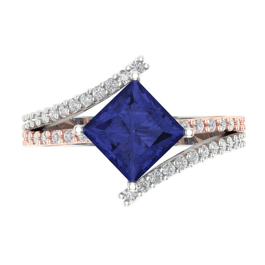 2.3075 cttw Simulated Tanzanite Solitaire with Zirconia Simulated Diamond Accents Engagement Ring - Solid White/Rose Gold (VVS1, Princess Cut,7.0mm)