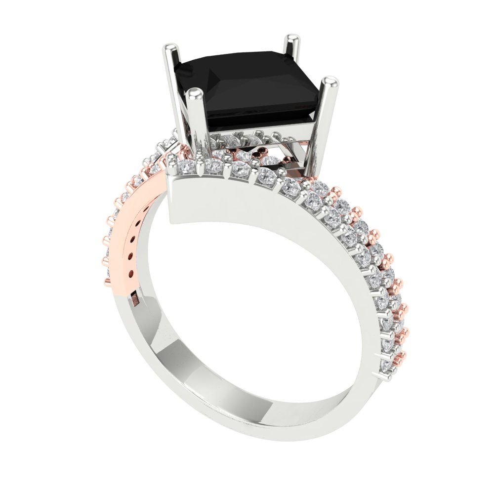 2.3075 cttw Natural Onyx Solitaire with Zirconia Simulated Diamond Accents Engagement Ring - Solid White/Rose Gold (VVS1, Princess Cut,7.0mm)