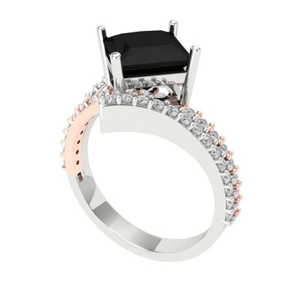 2.3075 cttw Natural Onyx Solitaire with Zirconia Simulated Diamond Accents Engagement Ring - Solid White/Rose Gold (VVS1, Princess Cut,7.0mm)
