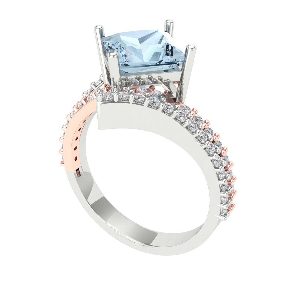 2.3075 cttw Natural Swiss Blue Topaz Solitaire with Zirconia Simulated Diamond Accents Engagement Ring - Solid White/Rose Gold (VVS1, Princess Cut,7.0mm)