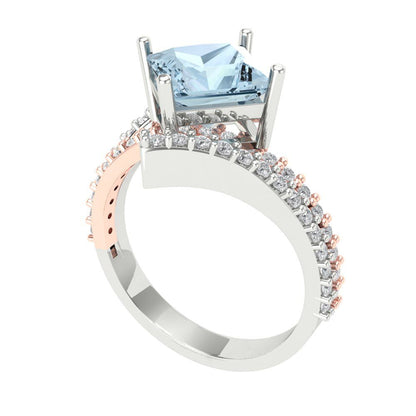 2.3075 cttw Natural Swiss Blue Topaz Solitaire with Zirconia Simulated Diamond Accents Engagement Ring - Solid White/Rose Gold (VVS1, Princess Cut,7.0mm)