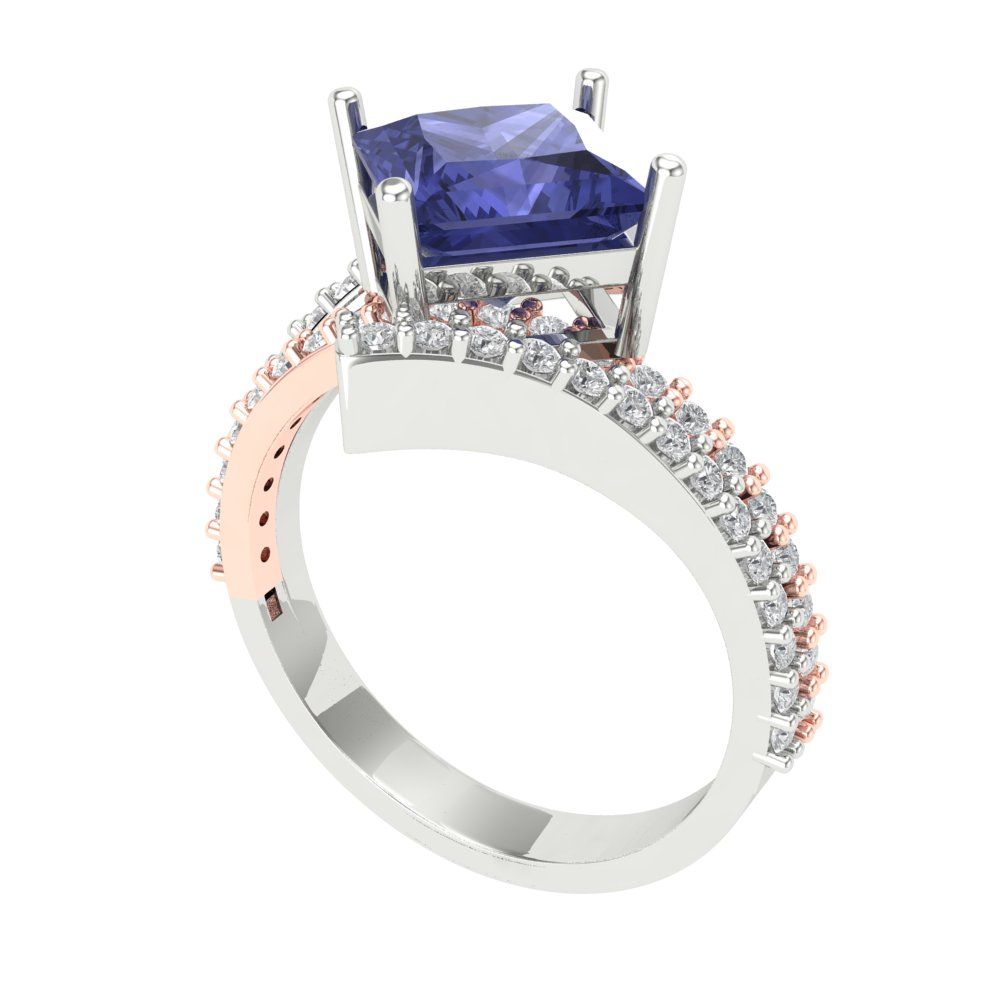 2.3075 cttw Simulated Tanzanite Solitaire with Zirconia Simulated Diamond Accents Engagement Ring - Solid White/Rose Gold (VVS1, Princess Cut,7.0mm)