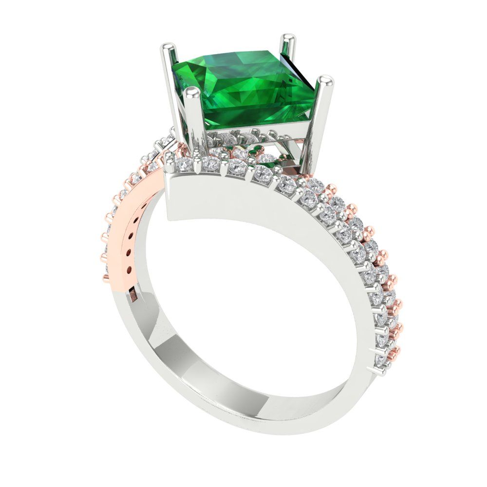 2.3075 cttw Simulated Emerald Solitaire with Zirconia Simulated Diamond Accents Engagement Ring - Solid White/Rose Gold (VVS1, Princess Cut,7.0mm)