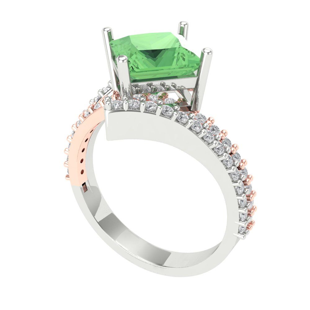 2.3075 cttw Zirconia Simulated Green Diamond Solitaire with Zirconia Simulated Diamond Accents Engagement Ring - Solid White/Rose Gold (VVS1, Princess Cut,7.0mm)