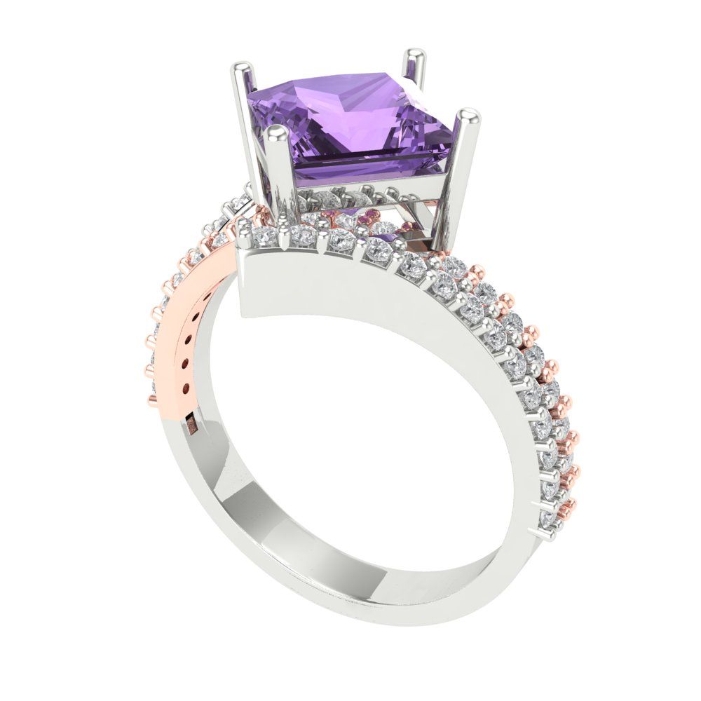 2.3075 cttw Simulated Alexandrite Solitaire with Zirconia Simulated Diamond Accents Engagement Ring - Solid White/Rose Gold (VVS1, Princess Cut,7.0mm)
