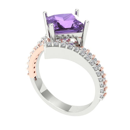 2.3075 cttw Simulated Alexandrite Solitaire with Zirconia Simulated Diamond Accents Engagement Ring - Solid White/Rose Gold (VVS1, Princess Cut,7.0mm)