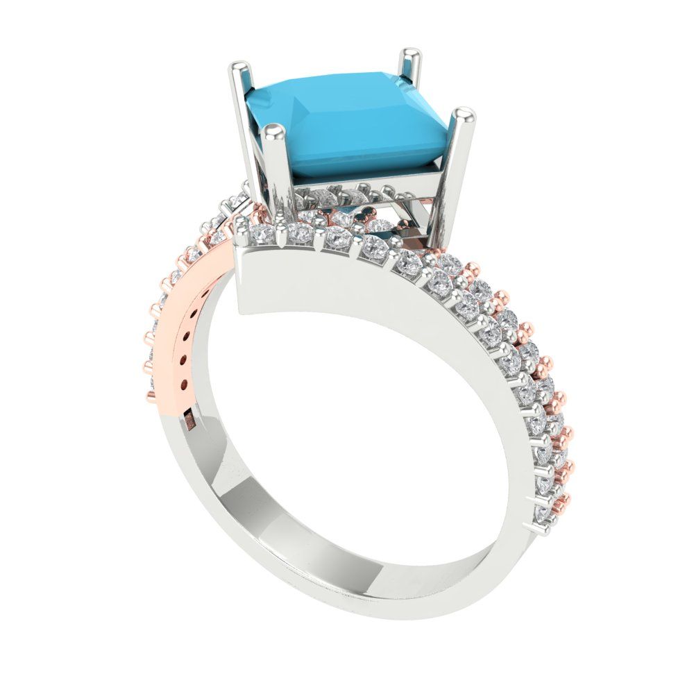 2.3075 cttw Simulated Turquoise Solitaire with Zirconia Simulated Diamond Accents Engagement Ring - Solid White/Rose Gold (VVS1, Princess Cut,7.0mm)