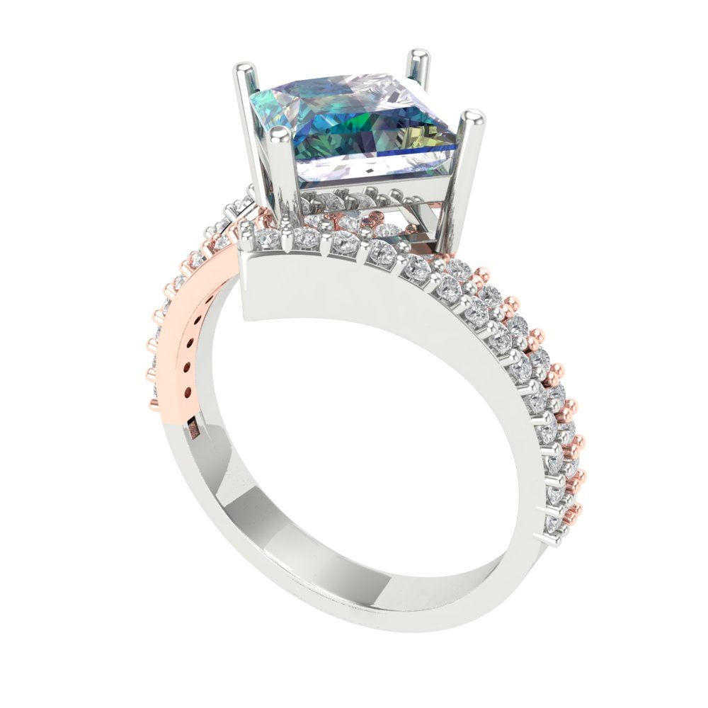 2.3075 cttw Blue Moissanite Solitaire with Zirconia Simulated Diamond Accents Engagement Ring - Solid White/Rose Gold (VVS1, Princess Cut,7.0mm)