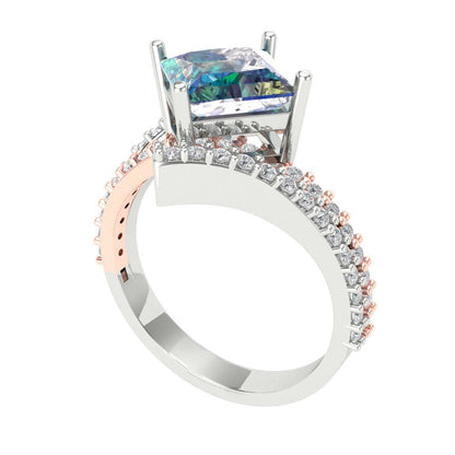 2.3075 cttw Blue Moissanite Solitaire with Zirconia Simulated Diamond Accents Engagement Ring - Solid White/Rose Gold (VVS1, Princess Cut,7.0mm)