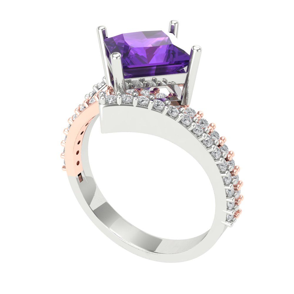2.3075 cttw Natural Amethyst Solitaire with Zirconia Simulated Diamond Accents Engagement Ring - Solid White/Rose Gold (VVS1, Princess Cut,7.0mm)