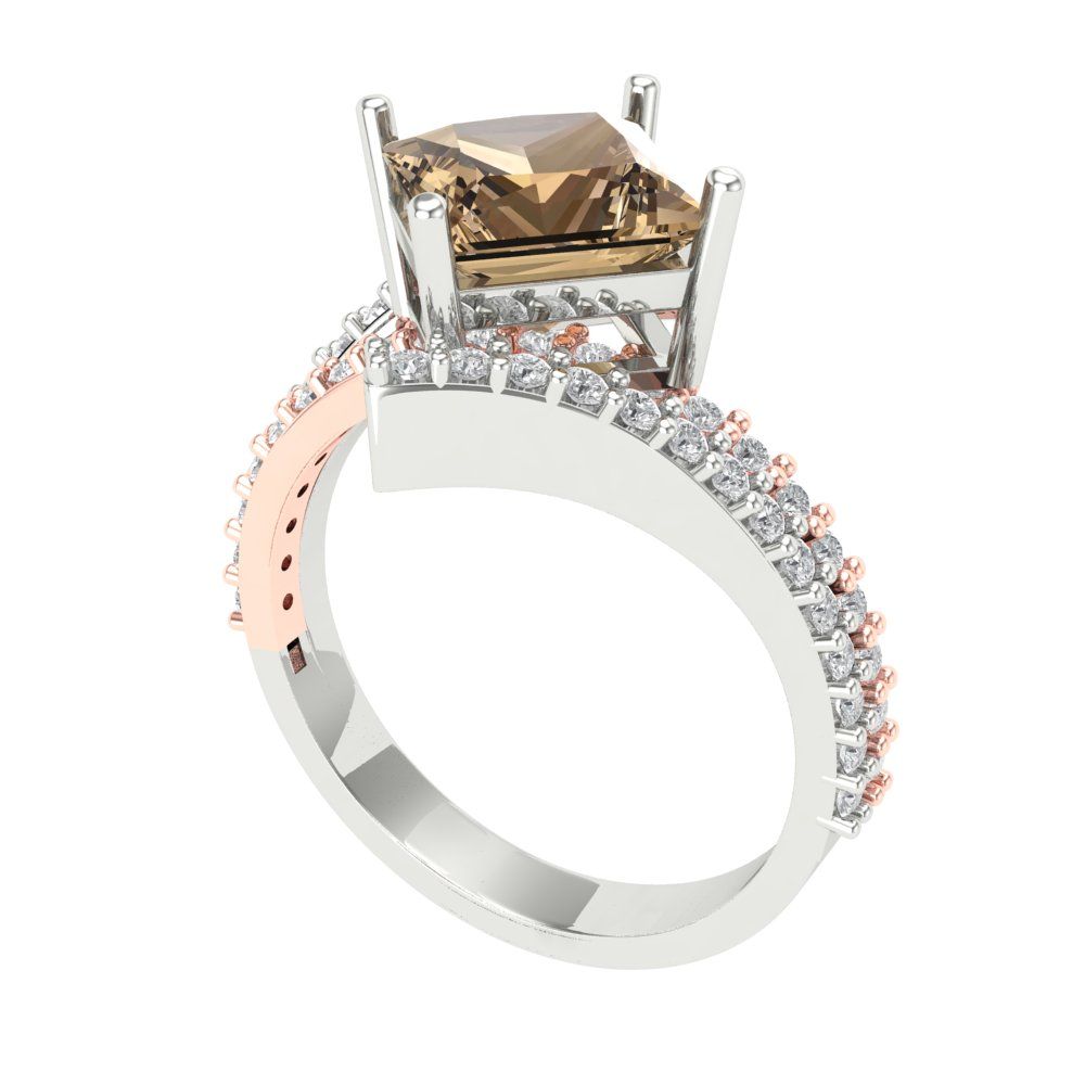 2.3075 cttw Zirconia Simulated Champagne Diamond Solitaire with Zirconia Simulated Diamond Accents Engagement Ring - Solid White/Rose Gold (VVS1, Princess Cut,7.0mm)