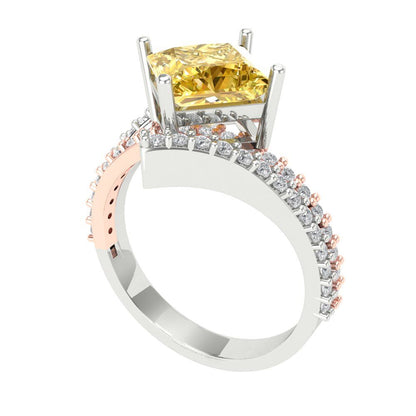 2.3075 cttw Yellow Moissanite Solitaire with Zirconia Simulated Diamond Accents Engagement Ring - Solid White/Rose Gold (VVS1, Princess Cut,7.0mm)