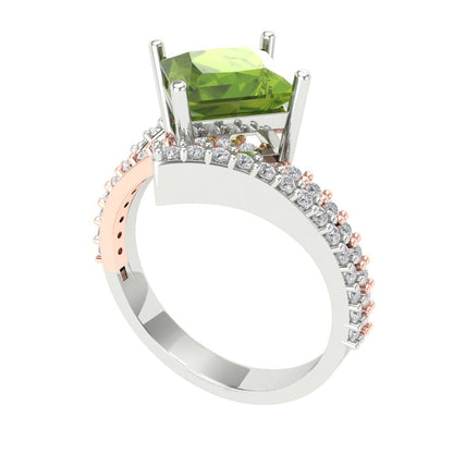 2.3075 cttw Natural Peridot Solitaire with Zirconia Simulated Diamond Accents Engagement Ring - Solid White/Rose Gold (VVS1, Princess Cut,7.0mm)