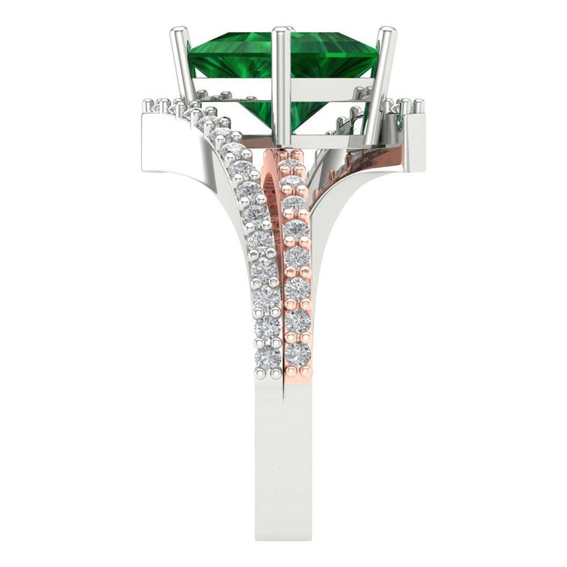 2.49 ct Brilliant Princess Cut Simulated Emerald Stone White/Rose Gold Solitaire with Accents Ring