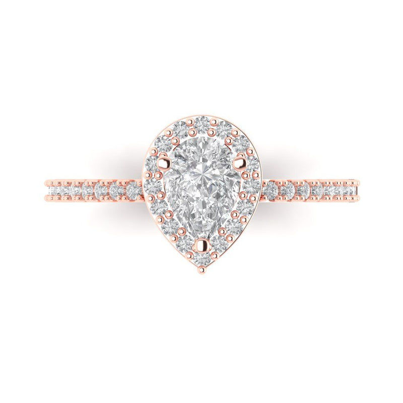 1.32 ct Brilliant Pear Cut Clear Simulated Diamond Stone Rose Gold Halo Solitaire with Accents Ring