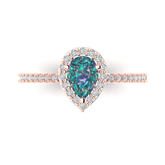 0.755 cttw Blue Moissanite Hidden Halo Engagement Ring - Solid Rose Gold (VVS1, Pear Cut,7x5mm )