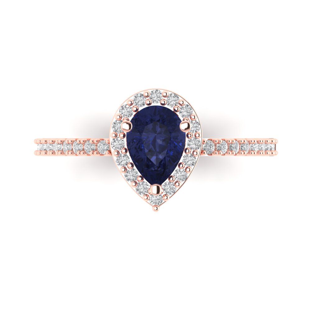 0.755 cttw Simulated Blue Sapphire Hidden Halo Engagement Ring - Solid Gold (Pear Cut,7x5mm )