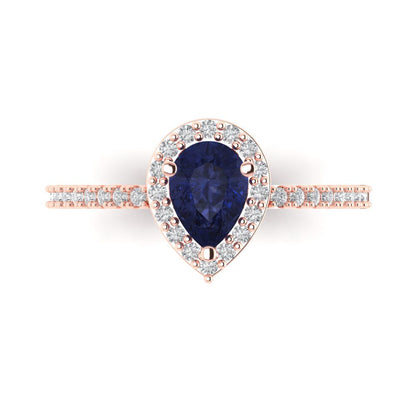 0.755 cttw Simulated Blue Sapphire Hidden Halo Engagement Ring - Solid Gold (Pear Cut,7x5mm )
