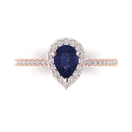 0.755 cttw Simulated Blue Sapphire Hidden Halo Engagement Ring - Solid Rose Gold (VVS1, Pear Cut,7x5mm )