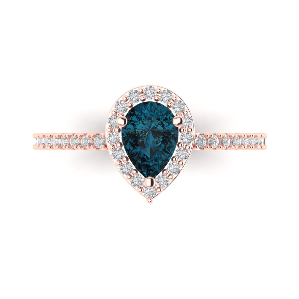 0.755 cttw Natural London Blue Topaz Hidden Halo Engagement Ring - Solid Gold (Pear Cut,7x5mm )