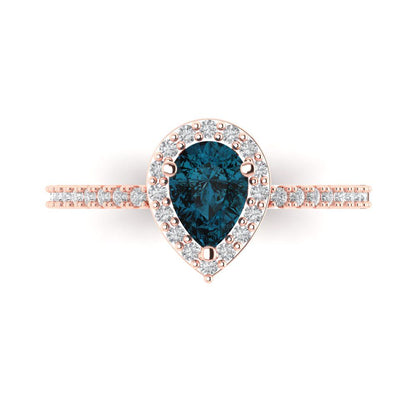 0.755 cttw Natural London Blue Topaz Hidden Halo Engagement Ring - Solid Gold (Pear Cut,7x5mm )