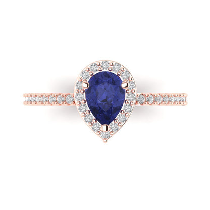 0.755 cttw Simulated Tanzanite Hidden Halo Engagement Ring - Solid Gold (Pear Cut,7x5mm )