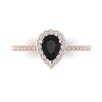 0.755 cttw Natural Onyx Hidden Halo Engagement Ring - Solid Gold (Pear Cut,7x5mm )