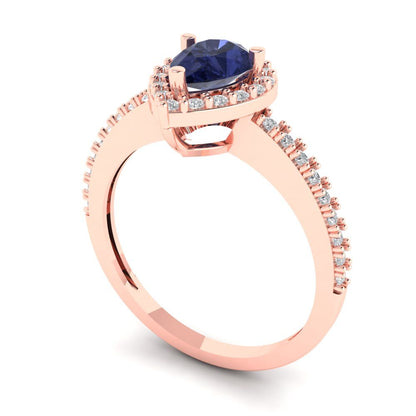 0.755 cttw Simulated Blue Sapphire Hidden Halo Engagement Ring - Solid Gold (Pear Cut,7x5mm )